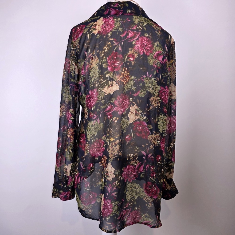 Pleione Women's Popover Blouse Top M Floral Long Sleeve Collar Sheer Romantic - Picture 5 of 11